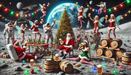 DALL·E 2024-12-22 15.24.03 - A lively Christmas beer party on the Moon, featuring cheerful Christmas fairies and tipsy Santa Clauses. The lunar surface is decorated with festive e.webp